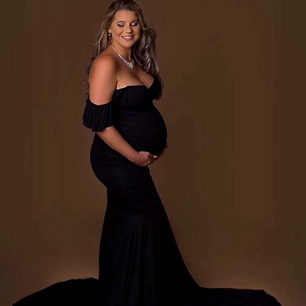 Off Shoulder Ruffle Sleeves Fitted Maternity Dress for Photoshoot Baby Shower